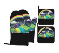 WHJSSF Rainbow Behind The Mountain - Juego de guantes de horno y soportes para ollas, resistentes al calor, impermeables y duraderos, juego de cuatro piezas para hornear