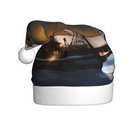 WHJSSF Sombrero de Navidad con estampado de luna llena de barco pirata para adultos, suave, ligero, para fiestas de vacaciones