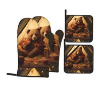 WHJSSF The Bear in The Tent - Juego de guantes de horno y soportes para ollas, resistentes al calor, impermeables y duraderos, juego de cuatro piezas para hornear