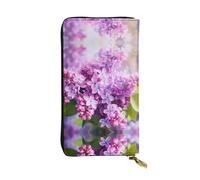 WHJWXC Cartera de piel de 19 x 10,5 cm, elegante y duradera para mujer, con múltiples compartimentos y diseño de cremallera, marco de flores lilas en patrón de flores, negro, talla única, Black, Talla