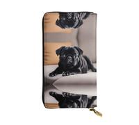 WHJWXC Cartera de piel de 19 x 10,5 cm, elegante y duradera para mujer, con múltiples compartimentos y diseño de cremallera, bonito estampado de perro carlino negro, talla única