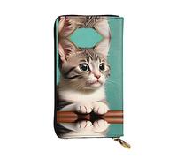 WHJWXC Cartera de piel de 19 x 10,5 cm, elegante y duradera para mujer, con múltiples compartimentos y diseño de cremallera, estampado de gato curioso, color negro, talla única
