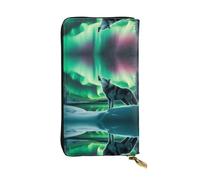 WHJWXC Cartera de piel de 19 x 10,5 cm, elegante y duradera para mujer, con múltiples compartimentos y diseño de cremallera, estampado de lobos aullando en la aurora boreal, color negro, talla única