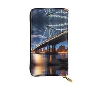 WHJWXC Cartera de piel de 19 x 10,5 cm, elegante y duradera para mujer, con múltiples compartimentos y diseño de cremallera, impresión nocturna del puente de Manhattan de Nueva York, color negro