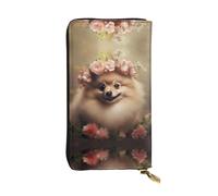 WHJWXC Cartera de piel de 19 x 10,5 cm, elegante y duradera para mujer, con múltiples compartimentos y diseño de cremallera, diseño de pomerania y flores, color negro, talla única, Black, Talla única