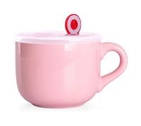 WHJY Simple - Tazas de sopa de cerámica con tapa, tazas de sopa de 22 onzas con asa, tazón de avena para microondas, taza de café con tapa y asa para leche, té, frutas, helado, cereales, café, rosa