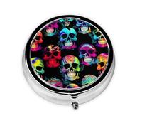 WHJYYXDE Pastillero redondo de 2 x 2 x 0.7 pulgadas, mini organizador de pastillas de medicina de viaje para viajes, ligero para llevar, impresiones de calavera de colores