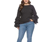 WHKJSS Blusa de tallas grandes para mujer, elegante, de lunares impresos, manga larga, con volantes, blusa, Negro , 3XL