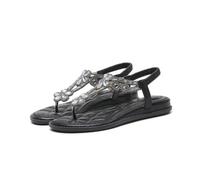WHLL Sandalias de Mujer, Sandalias Bohemias con Tira Entre los Dedos con Strass y Flores, Sandalias Romanas Planas con Suela de TPR en Tallas, para la Playa y el Verano,Negro,36 EU