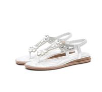 WHLL Sandalias de Mujer, Sandalias Bohemias con Tira Entre los Dedos con Strass y Flores, Sandalias Romanas Planas con Suela de TPR en Tallas, para la Playa y el Verano,Plata,35.5 EU