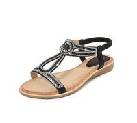 WHLL Sandalias de Mujer, Sandalias Planas Bohemias para Mujer, Sandalias de Mujer con Brillos de Strass, Sandalias de Ocio con Suela de TPR, para Vacaciones y Uso Diario,Negro,37 EU
