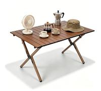 Whnoorher Mesa Plegable de Acero al Carbono para Acampar con diseño encajable Mesa de Campamento Enrollable para montañismo Mesa de salón portátil Liviana para Viajes(marrón,145cmx70cmx51cm)