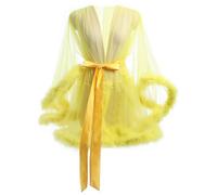 Whoasyst Bata kimono de manga larga con ribete de piel sintética para mujer, camisón de malla transparente, lencería transparente, camisón con cinturón, vestido largo tipo kimono, amarillo, XXL