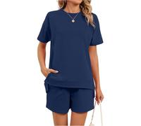 Whoasyst Conjunto casual de dos piezas con pantalones cortos y top para mujer, conjunto casual de pantalones cortos y top para mujer, azul marino, XXL