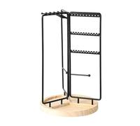 Whoasyst Soporte giratorio para almacenamiento de joyas, elegante base de madera, soporte para joyas con barra de exhibición de collares y gancho de almacenamiento para aretes, soporte de exhibición