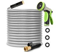 WHOBUY - Manguera de jard n de metal de 30 m (100 pies), flexible, de acero inoxidable 304, resistente, con boquilla, accesorios y v lvula de lat
