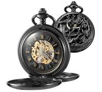 Whodoit Reloj de bolsillo mecánico de doble cara con esfera romana de doble cara para hombre, reloj de bolsillo para hombre, con cadena FOB, BMW104-Negro, Mecánico