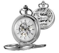 Whodoit Reloj de bolsillo mecánico de doble cara con esfera romana de doble cara para hombre, reloj de bolsillo para hombre, con cadena FOB, BMW105-Plata, Mecánico