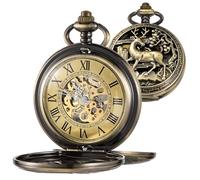 Whodoit Reloj de bolsillo mecánico de doble cara con esfera romana de doble cara para hombre, reloj de bolsillo para hombre, con cadena FOB, BMW106-Bronce, Mecánico