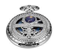 Whodoit Reloj mecánico de bolsillo con esfera de números romanos negros y plateados para hombre, diseño de fase lunar, patrón de luna, sol, esqueleto, con caja y cadena, color negro, MW124-US, Moderno