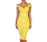 whoinshop Vestido de vendaje de fiesta para mujer, con cuello en V, sexy, de rayón, Amarillo(poliéster, Medium