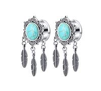 Whoiy 2 unidades de acero inoxidable túnel, dilatador de oreja, 8 - 18 mm, diseño retro de flor, plata con turquesa para mujer, 18mm, Acero inoxidable, Sin gemas