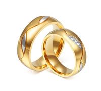 Whoiy Alianzas de boda de acero inoxidable y oro, 6 mm, juego de anillos de compromiso pulidos con circonitas con grabado personalizado para él y para ella, Damen 60 (19.1) & Herren 54 (17.2), Metal