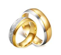 Whoiy Alianzas doradas modernas pulidas, 6 mm, acero inoxidable, dos colores, personalizables con circonitas, anillo de compromiso con grabado para él y para ella, Damen 62 (19.7) & Herren 54 (17.2