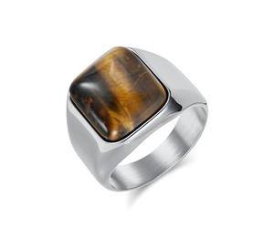 Whoiy Anillo de boda plateado/negro/oro con grabado, anillo de boda de acero inoxidable, 17 mm, piedra negra/ojo de tigre, anillo para hombre, bisutería para hombres, anillos talla 54-70, 60 (19.1