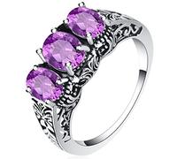 Whoiy Anillo de Plata Y Amatista, Anillos Personalizados Plata Púrpura Anillo para Mujer 3 Oval con Flor Cubic Zirconia Talla de Anillo 22
