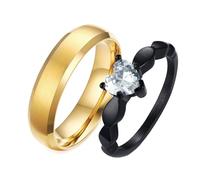 Whoiy Anillos de boda para 2,6 mm, anillos de amistad, acero inoxidable, par con grabado, negro y dorado, corazón personalizado con circonitas, anillos de pareja para él y ella, Damen 54 (17.2