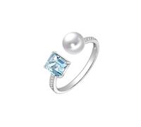 Whoiy Anillos de compromiso de oro blanco, alianzas de oro real con aguamarina auténtica, anillo abierto para mujer, 14, Metal precioso Piedra preciosa, Aguamarina