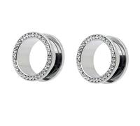Whoiy Dilatador flexible de acero inoxidable, 1 par, doble flared, dilatador de oreja, 4 mm hasta 20 mm, plata con circonitas, para mujeres y hombres, 8mm, Acero inoxidable, Circonia cúbica