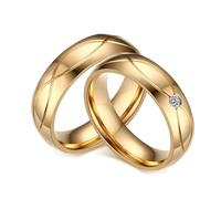 Whoiy Juego de 2 anillos de boda de acero inoxidable, 5 mm, oro pulido con circonitas, precio por par con grabado para él y ella, Damen 49 (15.6) & Herren 54 (17.2), Metal no precioso, Zirconia cúbica