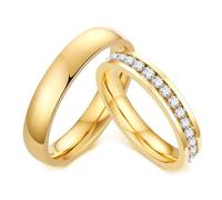 Whoiy Juego de anillos de acero inoxidable y oro, 4 mm, juego de anillos de compromiso eternidad con circonitas, con grabado personalizado para él y ella, Damen 52 (16.6) & Herren 67 (21.3), Metal no