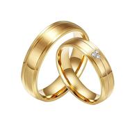 Whoiy Juego de anillos de acero inoxidable y oro, 6 mm de ancho, personalizados, con circonitas pulidas, precio por par con grabado para él y ella, Damen 52 (16.6) & Herren 67 (21.3), Metal no