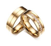 Whoiy Par de anillos de compromiso de 6 mm, acero inoxidable dorado pulido con circonitas, anillos de boda con grabado para él y ella, Damen 57 (18.1) & Herren 60 (19.1), Metal no precioso, Zirconia