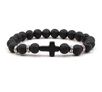 Whoiy Pulsera Lava Volcanica Hombre, Pulseras Anchas Negro Aleación Cruz Pulsera de Cuentas de Regalo de Cumpleaños 19cmx8mm,1 Pare