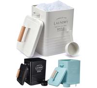 WHOLE HOUSEWARES Contenedor de detergente para lavandería, dispensador de jabón en polvo de metal con cuchara, tapa hermética y asas, contenedor de almacenamiento vintage con tapa y soportes para