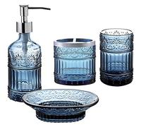 WHOLE HOUSEWARES | Juego de Accesorios de baño de Cristal Decorativo (4 Piezas) | Dispensador de jabón, Bandeja, Tarro, portacepillos de Dientes | Elegante Mosaico de Cristal (Azul)