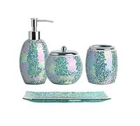 WHOLE HOUSEWARES | Juego de accesorios de baño de cristal decorativo verde brillante de 4 piezas | Dispensador de jabón, soporte para cepillo de dientes, tarro de algodón, bandeja de tocador | Idea de