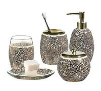 WHOLE HOUSEWARES | Juego de accesorios de baño | Juego de accesorios de baño de vidrio decorativo de 5 piezas | Dispensador de jabón, bandeja, tarro, soporte para cepillo de dientes | Idea de regalo |