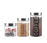 WHOLE HOUSEWARES Juego de recipientes de vidrio herméticos para café, té y azúcar, juego de recipientes de 3 piezas con tapas de acero inoxidable, tarros de vidrio transparente para almacenamiento de