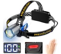 WholeFire Linterna frontal LED recargable 30000 lúmenes, súper brillante con 3 modos de luz y sensor de movimiento, ajustable 90° y linterna de cabeza con pantalla para camping, correr, senderismo