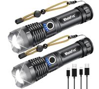 WholeFire Linterna LED XHP50 Alta Potencia, 2 Unidades 4000 Lúmenes Recargable por USB Linterna Resistente al Agua con Zoom, Luces de Emergencia para Exteriores con Indicador de Energía + Batería