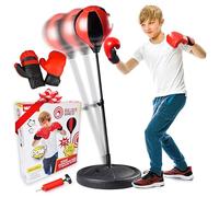 Whoobli Saco de boxeo para niños, incluye guantes de boxeo, saco de boxeo ajustable de 3 a 10 años con soporte, juego de bolsa de boxeo para niños y niñas (rojo negro)