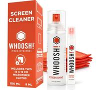 WHOOSH! Limpiador de Pantalla Duo 100 ml, 8 ml Antivertido, 2 Paños de Microfibra, Kit Casa y Viaje, Sin Alcohol, Sin Marcas, Portátil, Móvil, Tablet, Gafas