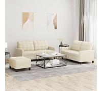 WHOPBXGAD 3 Piece Cream Synthetic Leather Sofa Set with Cushions, Modern Living Room Furniture for Small Spaces, Comfortable 2 Seater Couches with Ottoman, Durable Faux Leather Upholstery