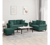 WHOPBXGAD 3 Piece Dark Green Velvet Sofa Set with Cushions and Ottoman, Modern Living Room Furniture for Small Spaces, Comfortable Sectional Couch with Soft Fabric and Sturdy Structure