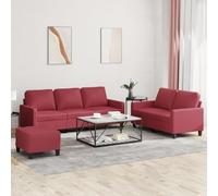 WHOPBXGAD 3 Piece Red Wine Synthetic Leather Sofa Set with Cushions, 2 Seater and 3 Seater Couch with Ottoman for Living Room, Durable Faux Leather Modern Furniture for Home Decor